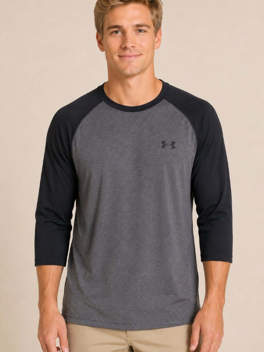 Under Armour Gray and Black Men's Quarter Length Sleeve Raglan Tee Size Medium